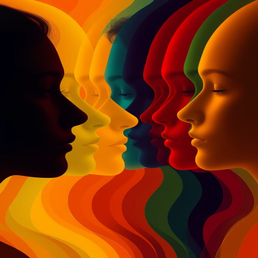 Regenerate an abstract image of layered human profiles in vibrant colors with smooth gradients and depth, using a DSLR camera, 50mm lens at f/2.8, ISO 100, shutter speed 1/200s, top-down view, with high dynamic range settings for enhanced clarity and vibrancy.