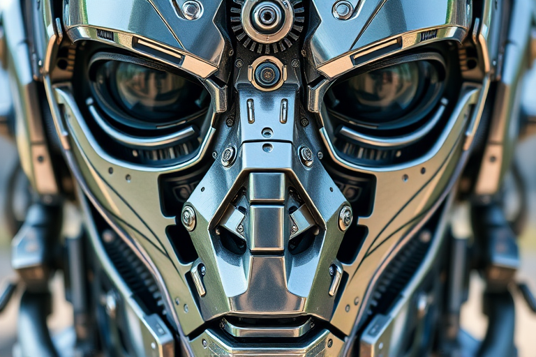 Create a highly detailed close-up of a futuristic robotic face composed of metallic textures, intricate gears, and circuits, using a DSLR camera with a 50mm lens, aperture f/1.8, ISO 100, and a shallow depth of field to emphasize the details and depth, capturing in natural light to enhance metallic reflections.