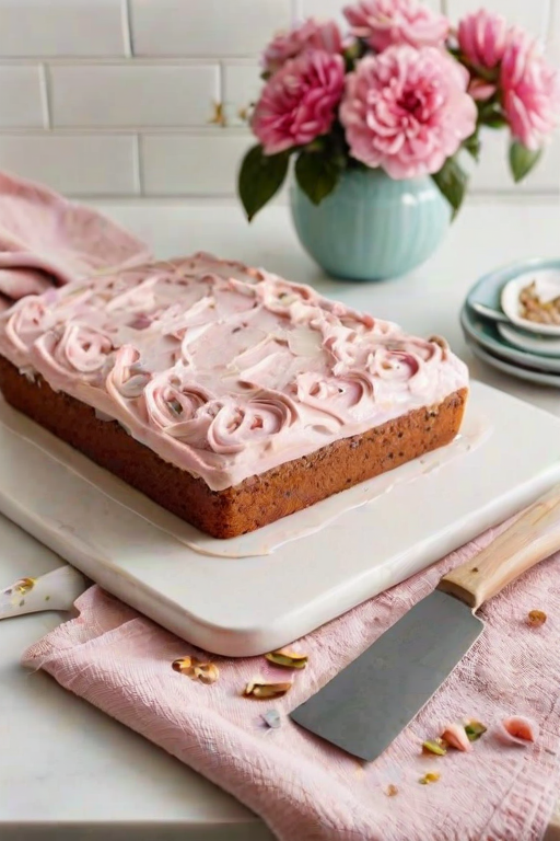 Create an image of a rectangular cake topped with a smooth layer of light pink frosting. The cake is placed on a white cutting board, with a bowl of leftover frosting and a spatula nearby. Surrounding the scene is a floral patterned kitchen towel and a cooling rack in the background. The overall setting should feel warm and inviting, with soft lighting that highlights the textures of the cake and frosting.
