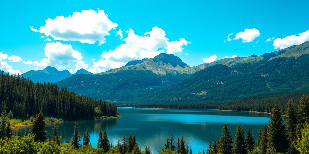 landscape of a serene lake surrounded by lush green forests and majestic mountains in the background, bright blue sky with fluffy white clouds, taken with a Canon EOS R5, 24mm lens, f/8 aperture, ISO 100, 1/200 sec shutter speed, shot in landscape orientation for vibrant colors and sharp details