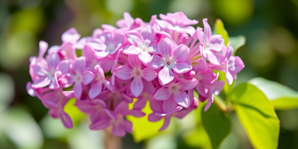 lilac flowers blooming on a stem with green leaves, soft natural lighting, focus on flower details, macro lens, f/2.8 aperture, ISO 100, shot with a DSLR camera, 50mm lens, shallow depth of field