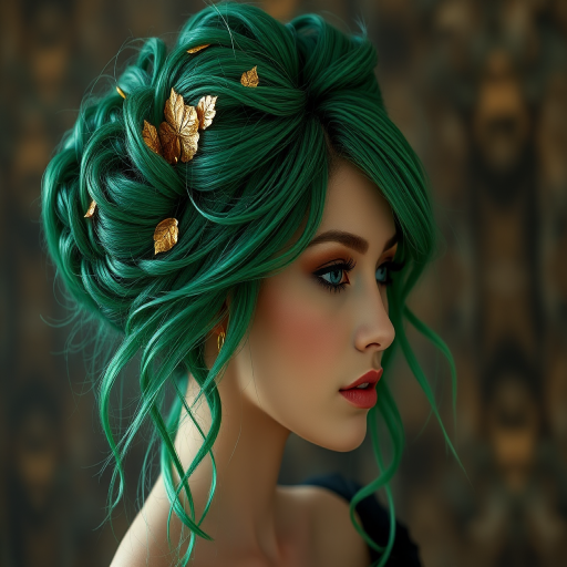Enchanting emerald green-haired goddess with a textured, messy bun adorned with delicate gold leaf accents