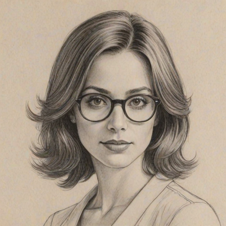 Comely Freddie Prinze Jr., pencil sketch, portrait of Exquisite woman 1975s in glasses, hair style beatnik, outline, clear lines, fine lines, 8k