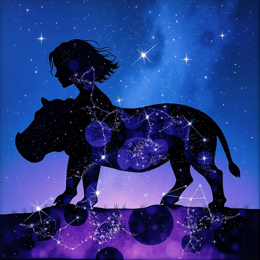 Captivating conceptual render alcohol ink art, double exposure, the paint strokes artfully merge combining a woman's full silhouette with a Lounging hippo's silhouette. The figures are composed of a series of colored dots, lines & spots that evoke the image of a cosmic galaxy, colors are deep shades of blue purple & black with flashes of white & silver representing distant stars. The woman's silhouette is formed within the lion's silhouette from constellations of scattered stars, surreal