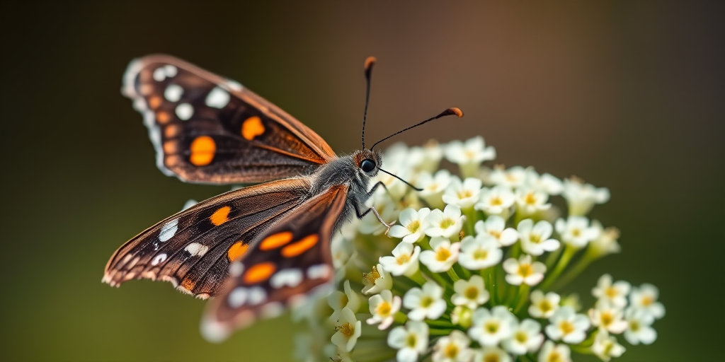 A close-up of a butterfly with dark wings and orange spots resting on a cluster of white flowers, captured with a macro lens at f/2.8, ISO 200, 1/500s, natural light, using a DSLR camera with a shallow depth of field for a blurred background.
