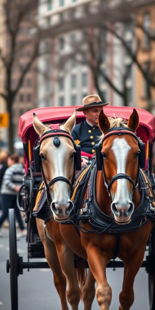Regenerate the image of a horse-drawn carriage with a driver in traditional attire, using a DSLR camera, 50mm lens, f/1.8 aperture, ISO 200, natural lighting, focus on the horses and carriage in a city setting.