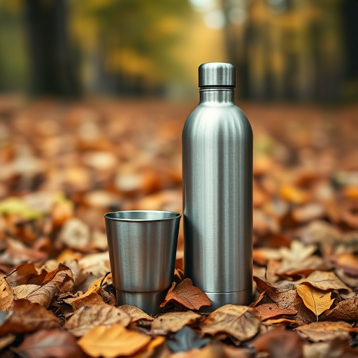 capture a stainless steel water bottle and a metal cup on a bed of autumn leaves in a forest setting, shallow depth of field, natural lighting, f/2.8 aperture, ISO 100, 50mm lens, DSLR camera, focus on the bottle and cup, softly blurred background