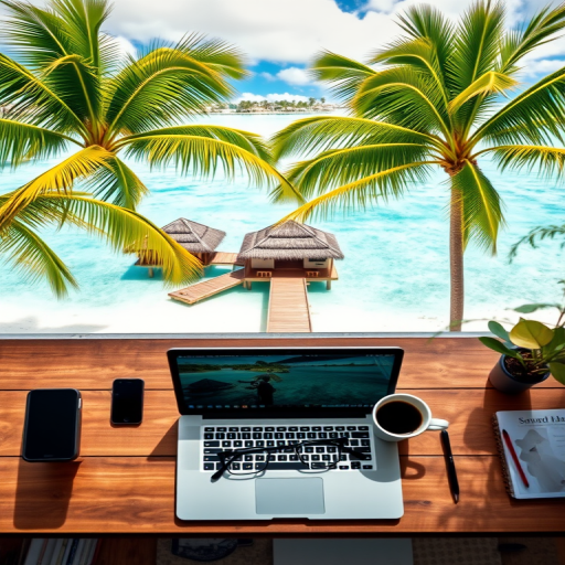 Create an image of a tropical beach resort with an overwater bungalow, captured in bright daylight using a DSLR camera, 50mm lens at f/2.8 aperture, with a shallow depth of field and vibrant colors, combined with a styled workspace featuring a laptop, coffee cup, and glasses, using a top-down view for a creative contrast.