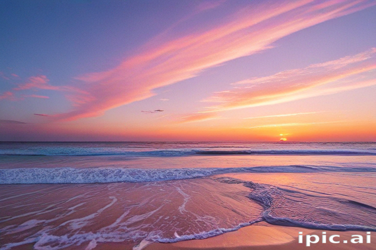 Serene Sunset Over the Ocean with Soft Waves and Colorful Sky