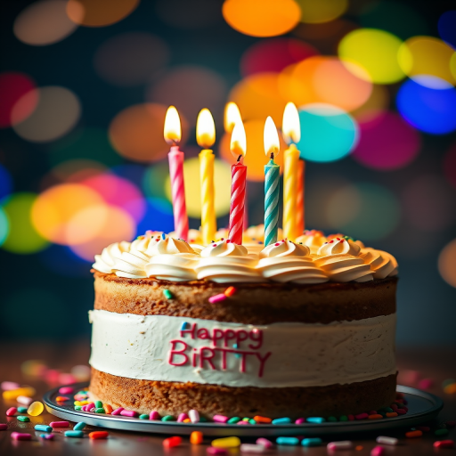 Generate an image of a birthday cake with candles on top, surrounded by colorful bokeh effects, soft focus background, using a DSLR camera with a 50mm lens, aperture set to f/1.8, ISO 200, and a shallow depth of field for enhanced clarity.