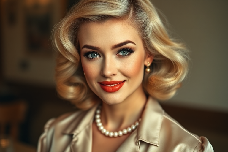 A beautiful woman reminiscent of 1950s Hollywood glamour, with perfectly styled blonde hair and a seductive smile, dressed in a satin blouse and adorned with pearls, soft and warm tones, photorealistic, 8K