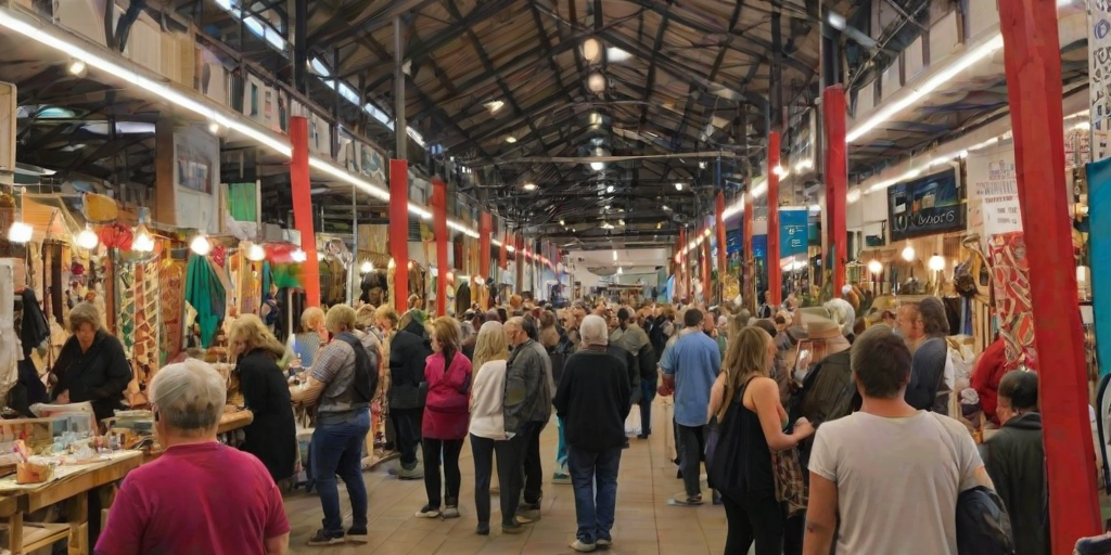 Lively indoor market filled with local artisans, vendors displaying handmade crafts, and visitors interacting, creating a vibrant atmosphere of creativity and community.