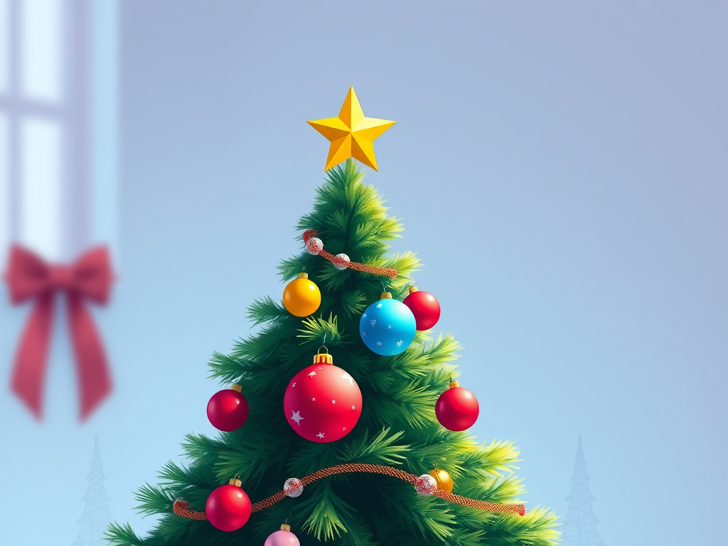 Create a vibrant illustration of a decorated Christmas tree with a star on top, colorful ornaments like red and blue balls, and a garland, shot with a DSLR camera at f/2.8 aperture, ISO 100, 50mm lens, in a bright and airy studio setting to enhance colors and sharpness.
