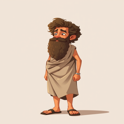 Create an illustration of a historical figure resembling a philosopher with curly hair and a beard, wearing a simple tunic and sandals, standing upright, using a 50mm lens at f/4, ISO 100, and a soft natural light for a warm tone, captured in a medium shot with a focus on character detail, digital art style.