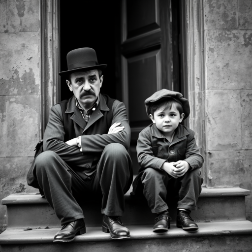 A black-and-white photograph of a man and a child sitting on steps in front of a doorway. The man is dressed as a tramp with a bowler hat, mustache, and ragged clothes, reminiscent of Charlie Chaplin's iconic look. He is sitting with his arms crossed and an expression of slight sadness or frustration. Next to him is a young boy, also in worn clothes and a cap, sitting with his hands clasped, looking thoughtful. The background is an old, textured wall and a partially open door, creating a vintage, early 20th-century atmosphere.