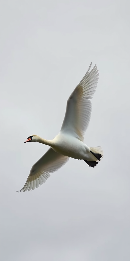 A majestic swan in mid-flight against a soft gray sky, captured with a DSLR camera, 200mm lens, f/5.6 aperture, ISO 400, shutter speed 1/1000s, top-down view, high dynamic range for enhanced clarity and color balance.