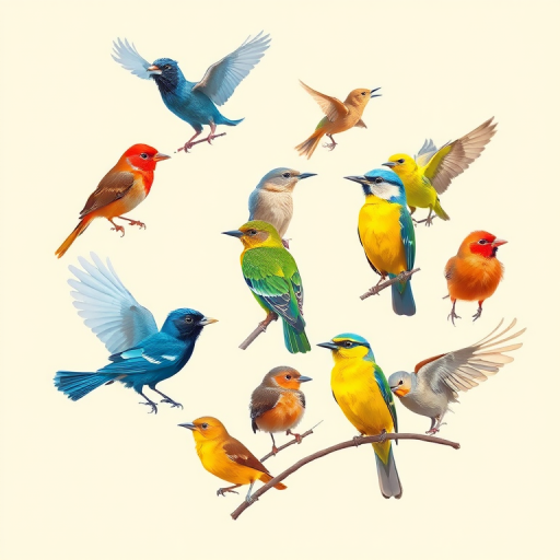 Generate a vibrant illustration of various birds in different poses and colors against a plain background, using a Canon EOS R5, 50mm lens, f/1.8 aperture, ISO 100, with a bright, high-contrast setting for enhanced detail and clarity.