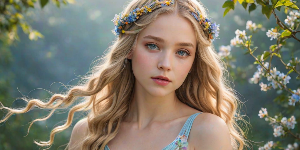 Create an image of a young woman with long, wavy blonde hair, adorned with small, colorful flowers woven into her braids and loose strands. Her complexion is fair, with soft, glowing skin, and she has light blue eyes that gaze softly at the viewer. She wears a light, flowing dress with a gentle, ethereal quality, complementing her delicate and serene appearance. The background is slightly blurred, drawing focus to her tranquil expression and the intricate details of the flowers in her hair. The overall mood of the image is one of natural beauty and grace, evoking a sense of peacefulness and connection with nature.