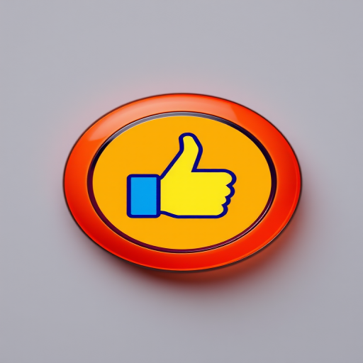 Create a high-resolution image of a circular button with a thumbs up symbol in a modern design, using a Canon EOS R5 camera, 50mm lens, f/2.8 aperture, ISO 100, with a soft-focus background to enhance the button's vibrant colors.