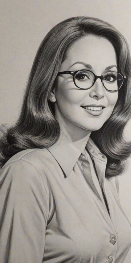 Enticing Marlo Thomas, pencil sketch, portrait of Enticing woman 1939s in glasses, hair style beatnik, outline, clear lines, fine lines, 8k