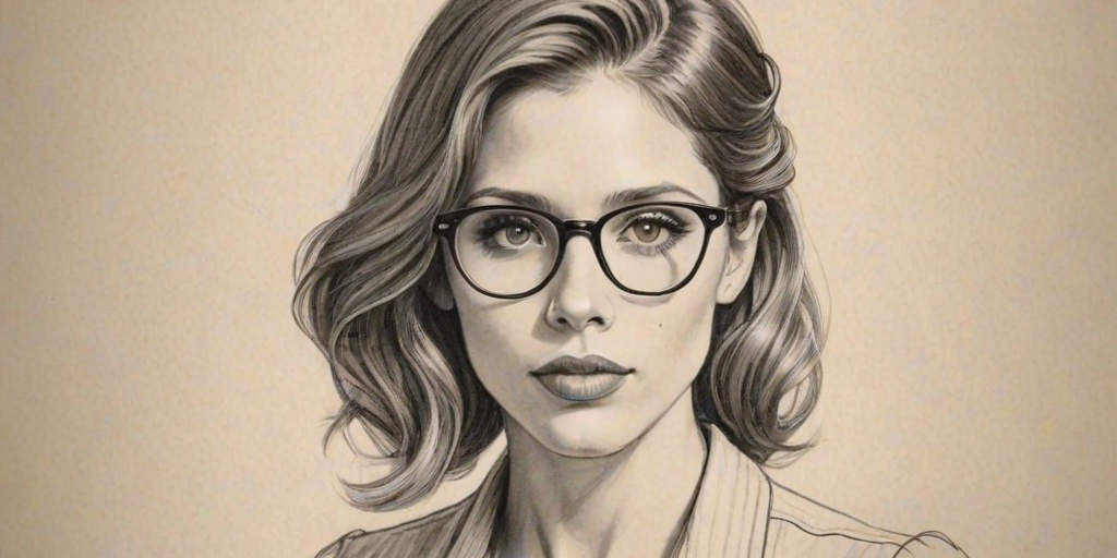 Exquisite Kayla Ewell, pencil sketch, portrait of Charming woman 1932s in glasses, hair style beatnik, outline, clear lines, fine lines, 8k