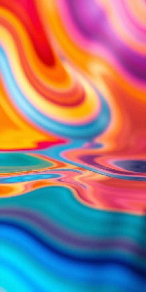 Create a vibrant, colorful abstract background with smooth, wavy lines and reflections resembling water, shot with a Canon EOS R5 at f/8, ISO 100, 1/60s, capturing a slightly blurred effect to enhance the softness and flow of colors, using a wide angle lens.