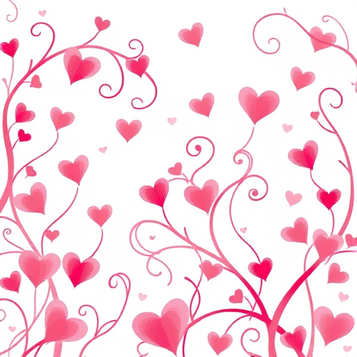 Generate a whimsical illustration of swirling pink and red vines with heart-shaped accents in soft pastel colors, using a high-resolution digital camera with a 50mm lens, f/2.8 aperture, 1/250s shutter speed, and natural light to enhance the softness and vibrancy of the colors.