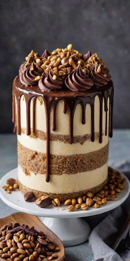 Create an image of a layered cake with a smooth buttercream frosting. The top is decorated with chocolate ganache drips and topped with swirls of frosting. Add crushed nuts and pieces of chocolate candies for decoration, ensuring a rich and indulgent look.