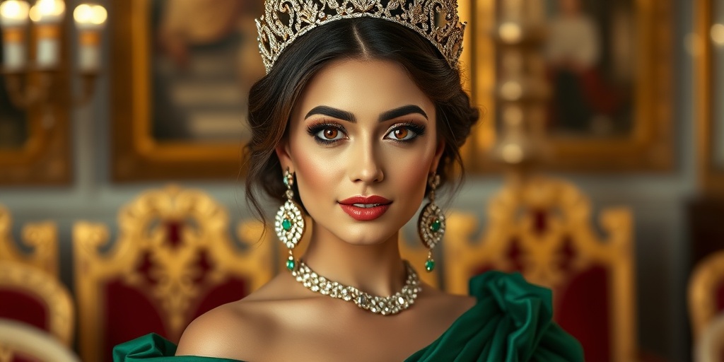 A gorgeous Chaldean woman in a luxurious green gown, accessorized with a dazzling tiara and statement earrings, her deep red eyes highlighted by impeccable makeup, poised in a royal setting, photorealistic, 8K quality