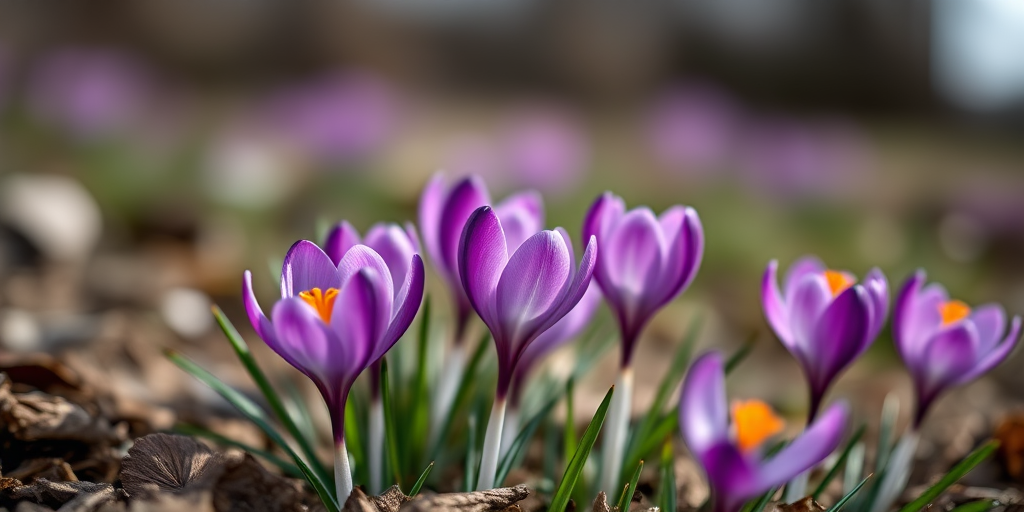 macro shot of vibrant purple crocus flowers with a blurred background, aperture f/2.8, shutter speed 1/250s, ISO 100, taken from a low angle with a Canon EOS R5, using a 100mm macro lens for sharp detail and depth of field.