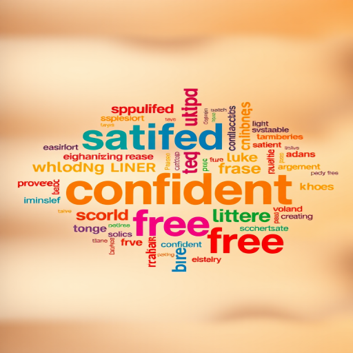 Generate an image of a colorful word cloud featuring emotions and traits like satisfied, impulsive, confident, and free, with a soft-focus background, using a DSLR camera at f/2.8 aperture, 50mm lens, ISO 100, and natural light to enhance clarity and vibrancy.