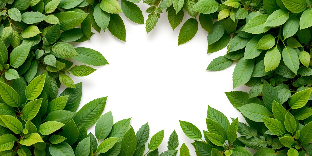 regenerate an image of a botanical frame with assorted green leaves surrounding a blank white space, use a soft focus background, aperture f/2.8, shutter speed 1/125, ISO 100, capture from a top-down view, digital photography style