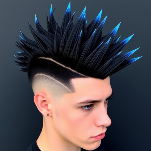 Dramatic jet black mohawk with shaved sides and a textured top, styled in spiky points with electric blue tips for an edgy and rebellious appearance