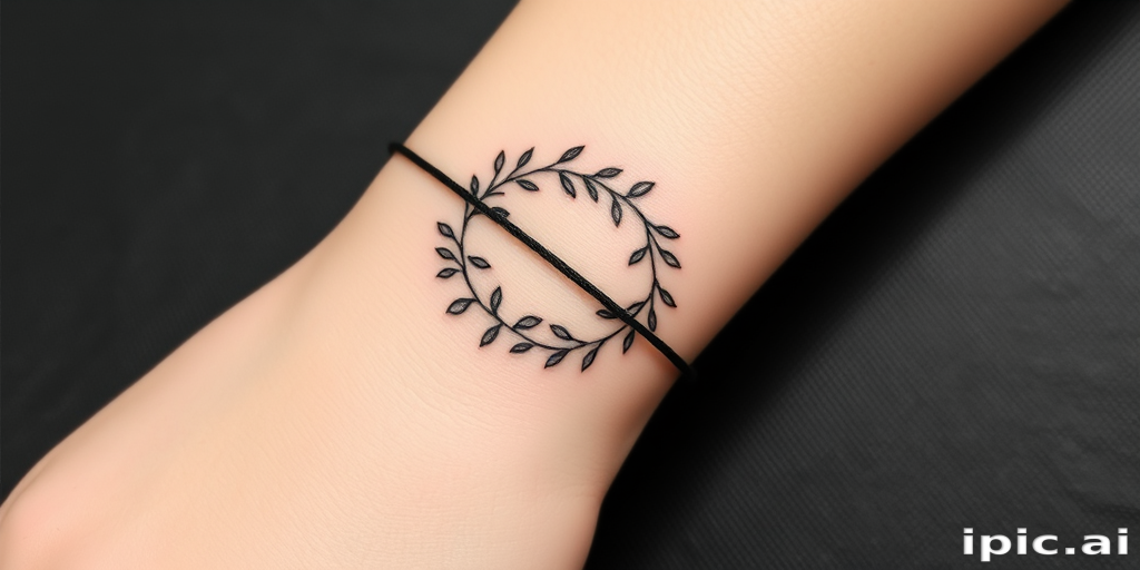 Minimalist continuous line tattoo wrapping around the wrist, forming a delicate floral wreath with a single unbroken black line