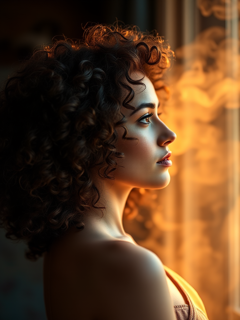 Generate a high-quality portrait of a woman with curly hair in profile, softly illuminated by warm lighting with smoke in the background, using a Canon EOS R5, 50mm f/1.2 lens, aperture set to f/1.2, ISO 200, shutter speed 1/100s, natural light, shallow depth of field.