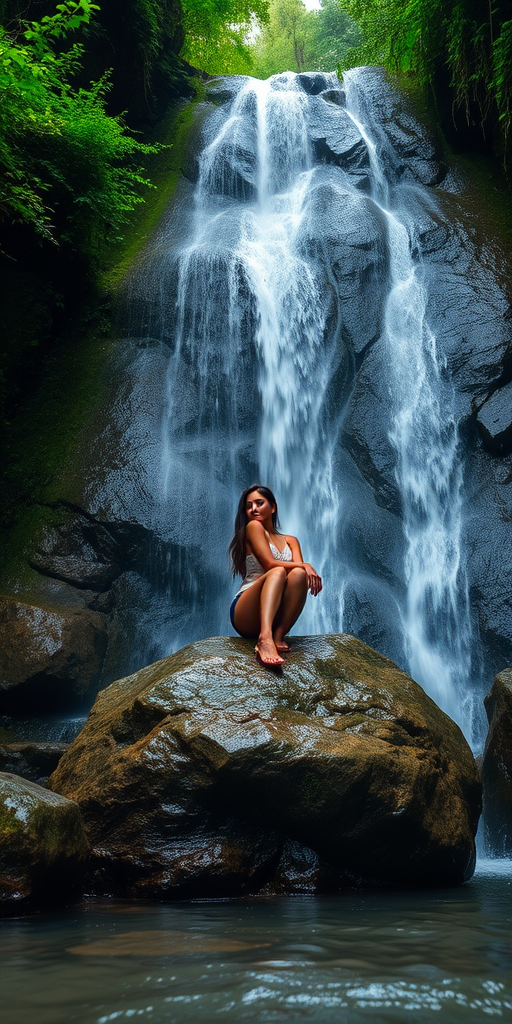 A woman sitting on a rock in a waterfall surrounded by lush greenery, captured with a Canon EOS 5D Mark IV, using a 50mm f/1.8 lens, aperture at f/2.8, shutter speed 1/200s, ISO 100, natural light, soft focus for a dreamy effect.