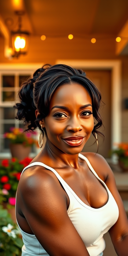 A photo of Angela Bassett with a background of a cozy porch. She has dark hair pulled back in an updo, with tendrils framing her face. She wears a white tank top and sits on the porch. The porch is part of a well-lit home with a warm, earthy tone and colorful flowers and foliage. The overall scene has a warm, welcoming, and comfortable ambiance.