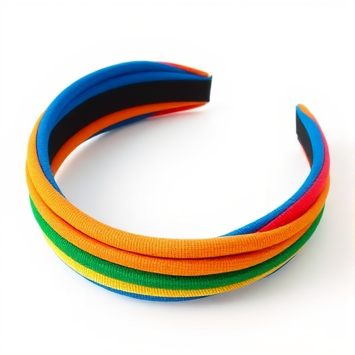 Create a high-resolution 3D render of a colorful striped headband with blue, orange, red, and green bands, using a DSLR camera with an aperture of f/8, ISO 100, and a 50mm lens, shot from a slightly above angle with soft lighting to enhance texture and vibrancy.