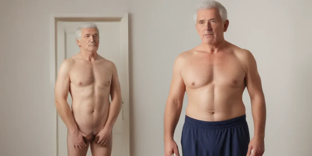 shirtless old man