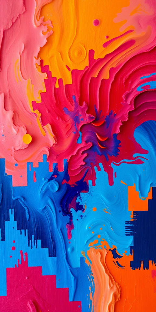 Create an abstract digital painting with vibrant colors of red, blue, and orange blending seamlessly, using a high-resolution DSLR camera with a 50mm lens, f/1.8 aperture, ISO 100, 1/200 sec shutter speed, shot from a frontal view in natural light to enhance color saturation and detail.