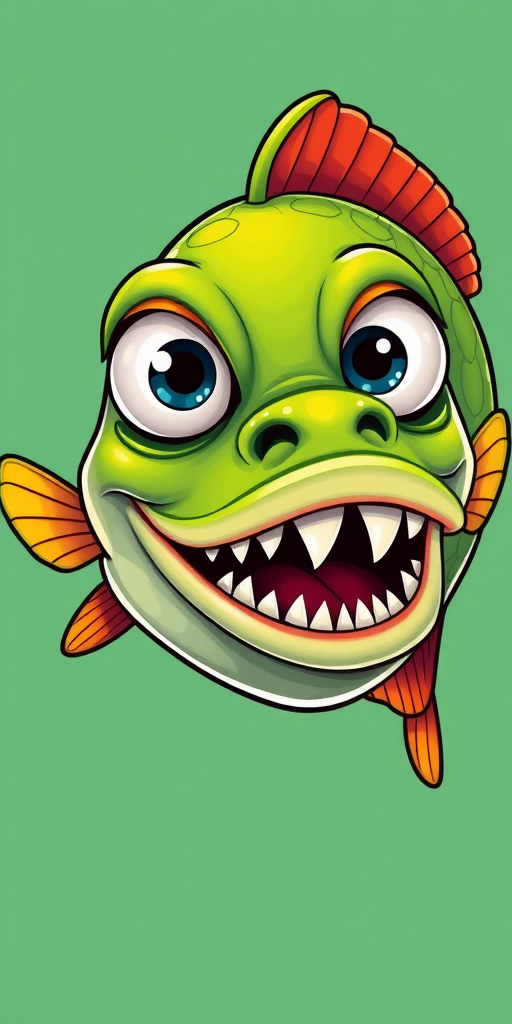 Create a vibrant cartoon-style illustration of a green fish with exaggerated features like large eyes and sharp teeth, showcasing scales with red stripes and white dots on the tail, captured in high resolution with a Canon EOS 90D, ISO 200, aperture f/4.0, and a 35mm lens for a clear, detailed view.