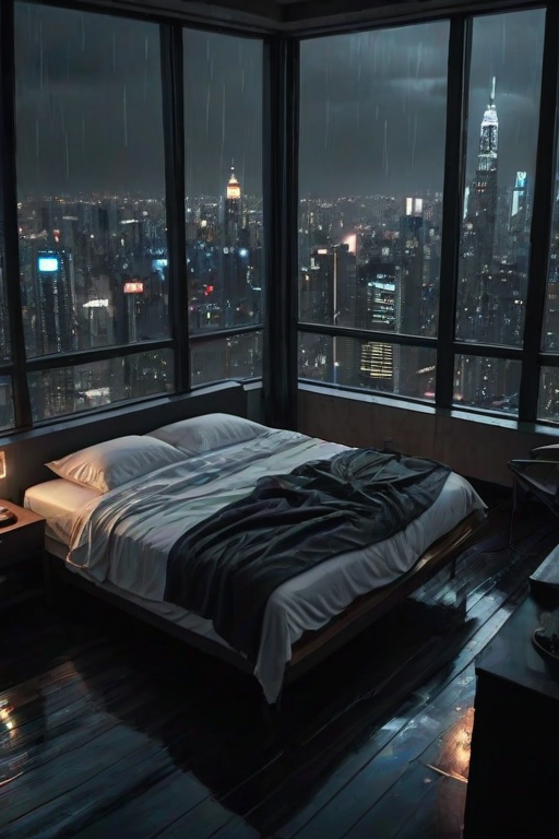moody aesthetic, beautiful cozy, cramped bedroom with floor to ceiling glass windows overlooking a cyberpunk city at night, view from top of skyscraper, white bedsheets, bookshelves, thunderstorm outside with torrential rain, detailed, high resolution, photorrealistic, dark, gloomy,