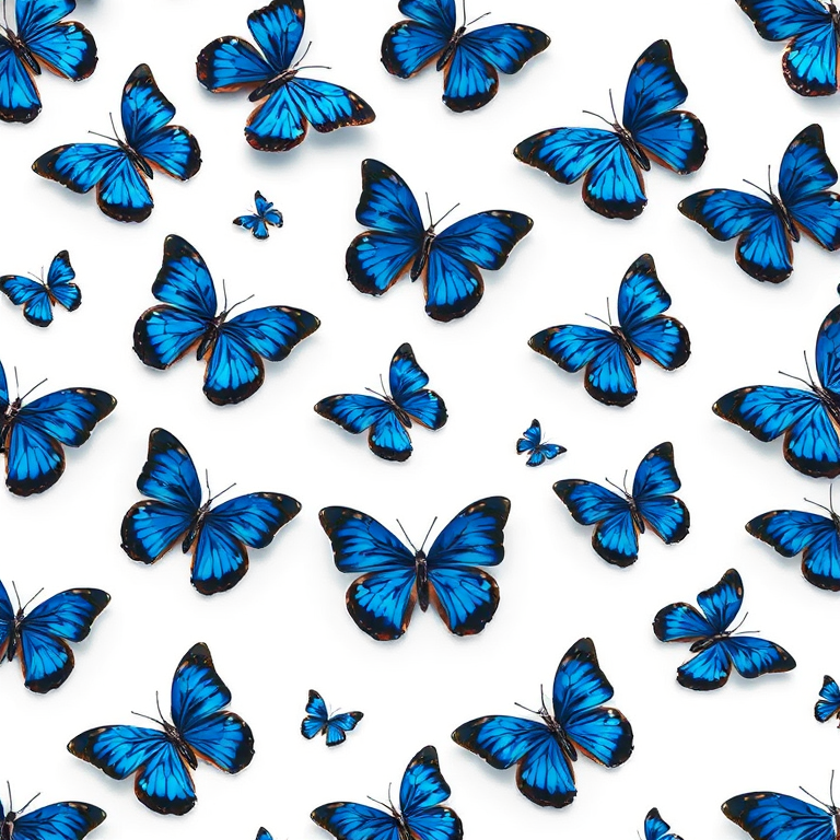 Create a seamless pattern of small blue butterflies on a white background, using a DSLR camera with a 50mm lens, f/2.8 aperture, ISO 100, natural light, overhead shot, high dynamic range.