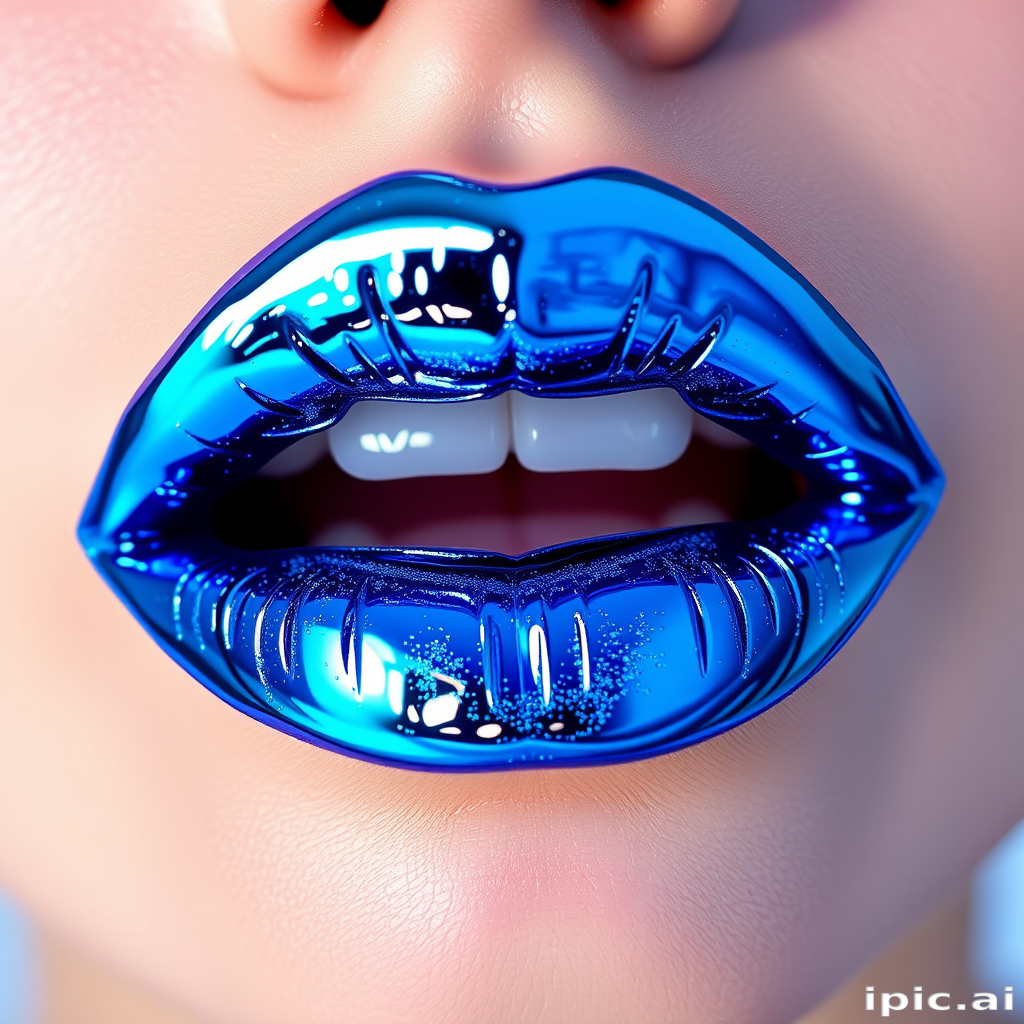 Electric blue chrome lips in "Galactic Frost" style, boasting a mirror-like shine and holographic sparkles, creating an otherworldly and futuristic aesthetic