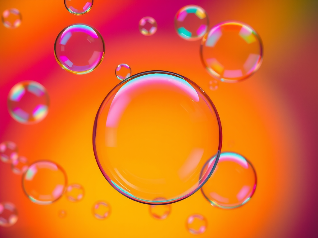 macro shot of colorful soap bubbles with bright orange and yellow background, ISO 100, f/2.8, 1/200s, 100mm lens, top-down view, DSLR camera, high dynamic range photography