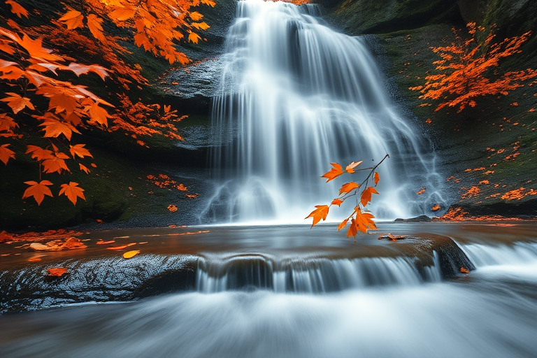generate a serene waterfall scene in autumn with vibrant orange and yellow leaves, long exposure to create silky water effect, f/8 aperture, 1/4 second shutter speed, ISO 100, wide-angle lens, low angle view, DSLR camera, natural lighting