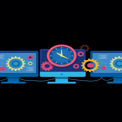 Create a digital illustration of multiple computer screens with gears and a clock in a dark background, using a wide-angle lens at f/8, ISO 100, with a focus on vibrant colors and sharp details, rendered in a flat design style.