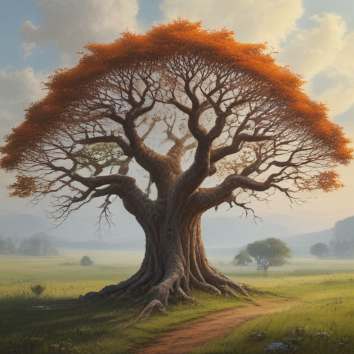 Majestic Autumn Tree Standing Tall in a Serene Landscape at Dusk