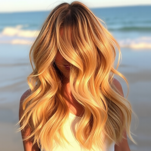 Warm honey blonde beach waves known as "Golden Hour," cascade effortlessly from a center part, featuring sun-kissed highlights and lowlights that create depth and dimension, evoking the glow of a perfect summer evening