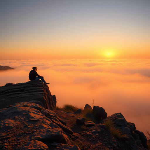 captured at sunrise over a foggy landscape with a person sitting on a rocky outcrop, Canon EOS R5, 24mm lens, f/8, ISO 100, 1/200s, HDR style, warm color tones, high dynamic range to enhance image quality